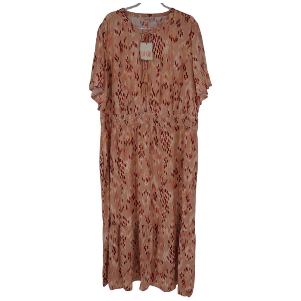 Knox Rose Women 3X Pale Coral Ikat Boho Midi Dress Tassel Tie Tiered Rayon NEW‎